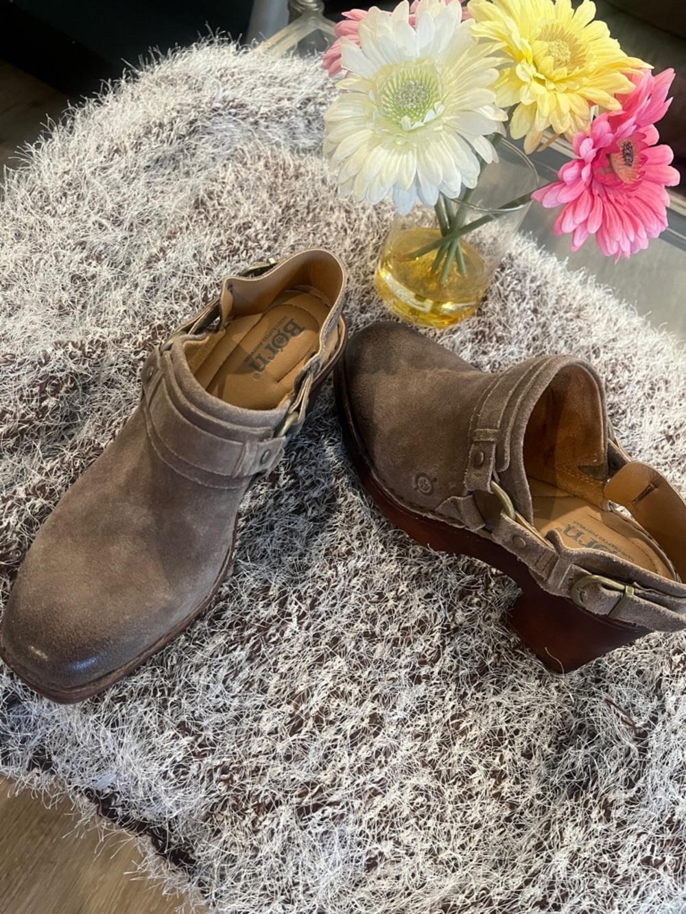 Born Taupe Suede Ankle Booties with Buckle Detail